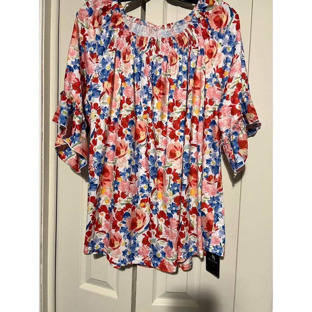 Womens 2XL Floral Blouse Off Shoulder Ruffle Sleeve Peasant Top NWT